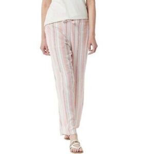 For Cynthia Linen Blend Stripe Wide Leg Pull On Pants Pockets Pink Size XL